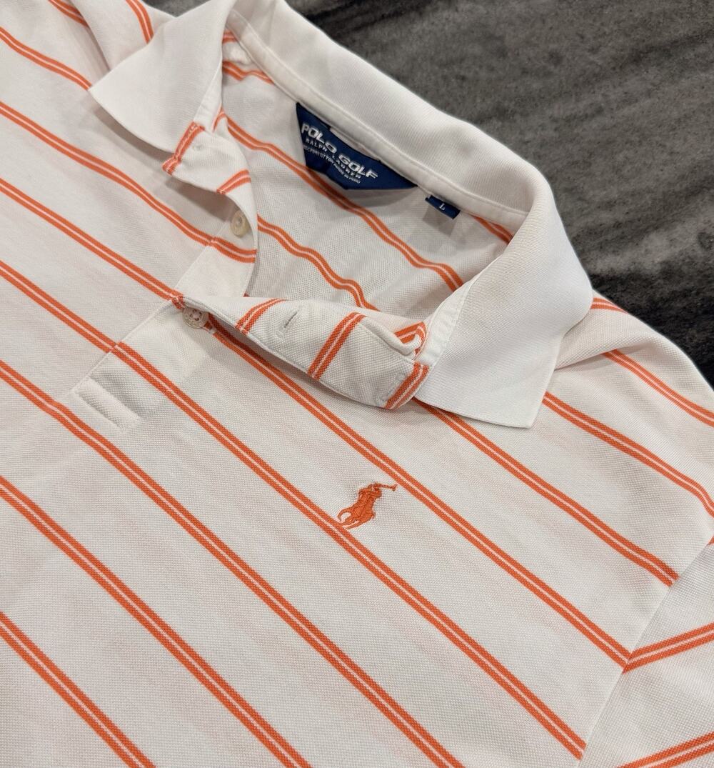 Polo Golf Ralph Lauren White Orange Striped Performance Polo Shirt Men’s Large